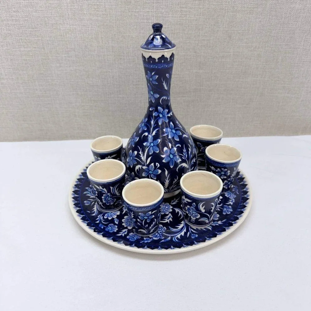 Kutahya Turkish Ceramic Decanter Set 8pc Blue White Floral Yildiz Cini Fb